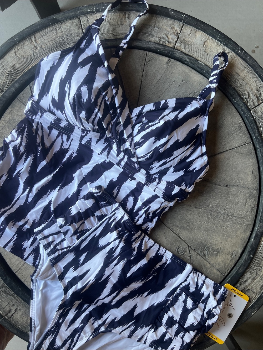 Anne Cole Navy Blue & White Tankini Swim set Size Med w High-Waist Bottoms B37